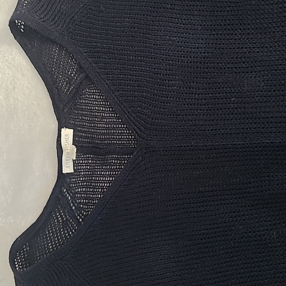Eileen Fisher Linen Open Knit Sweater Tunic Top Navy Blue Large Minimalist Boho - Picture 6 of 13